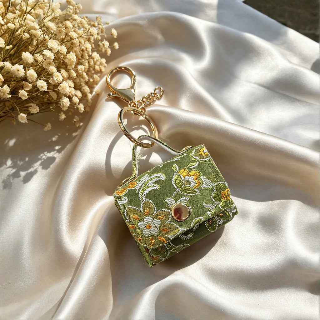 Mini Brocade Purse Keychain Bag Charm - Green