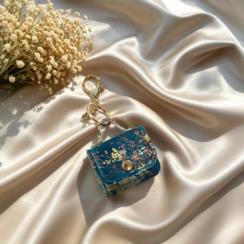 Mini Brocade Purse Keychain Bag Charm - Peacock