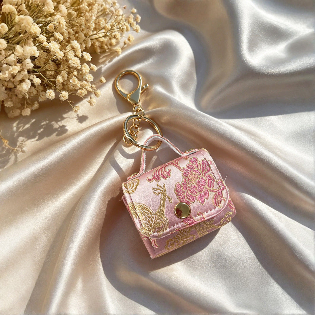 Mini Brocade Purse Keychain Bag Charm - Pink
