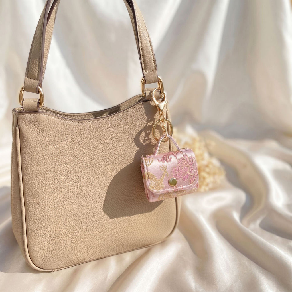 Mini Brocade Purse Keychain Bag Charm - Pink - 1