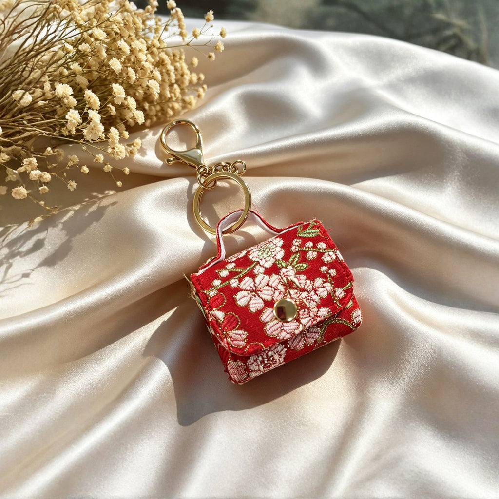 Mini Brocade Purse Keychain Bag Charm - Red