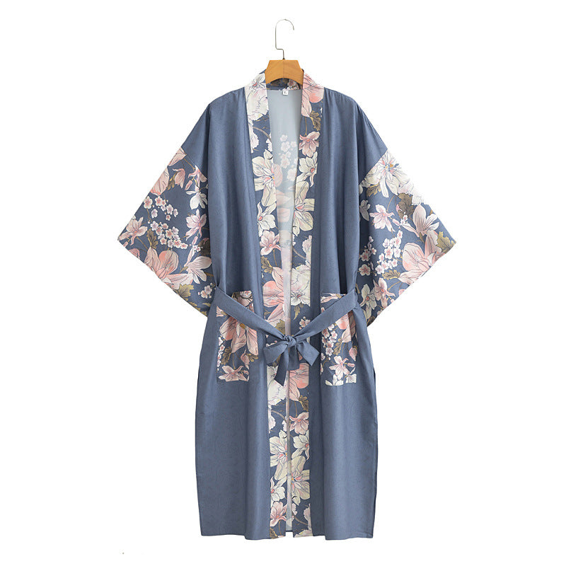 Peacock Floral Panel Belted Kimono - Blue