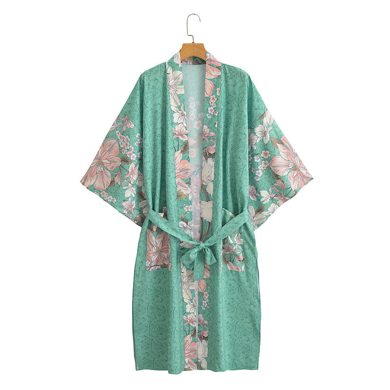Peacock Floral Panel Belted Kimono - Green