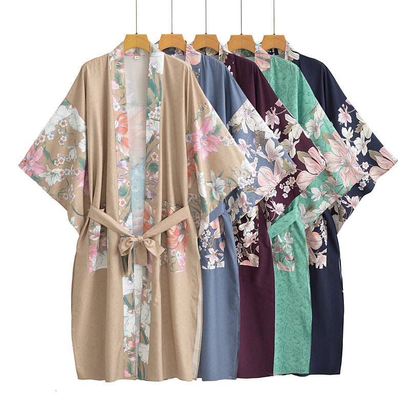 Peacock Floral Panel Belted Kimono - Khaki