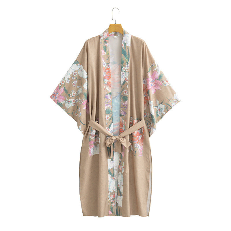 Peacock Floral Panel Belted Kimono - Khaki - 1