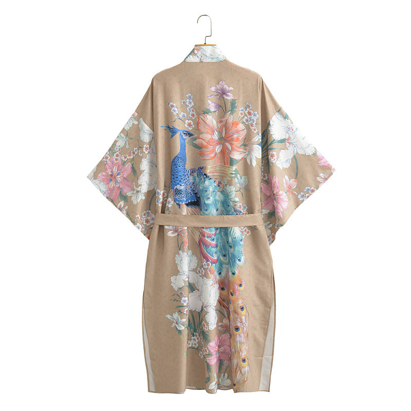 Peacock Floral Panel Belted Kimono - Khaki - 2