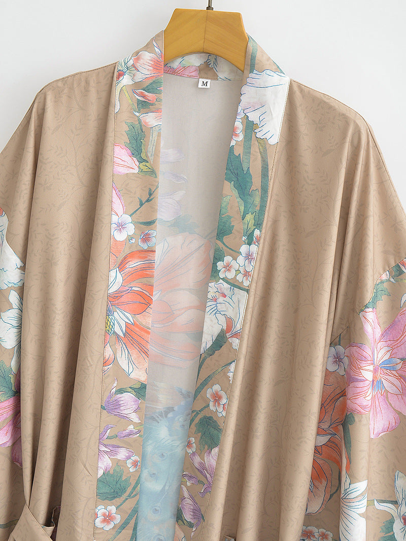 Peacock Floral Panel Belted Kimono - Khaki - 3