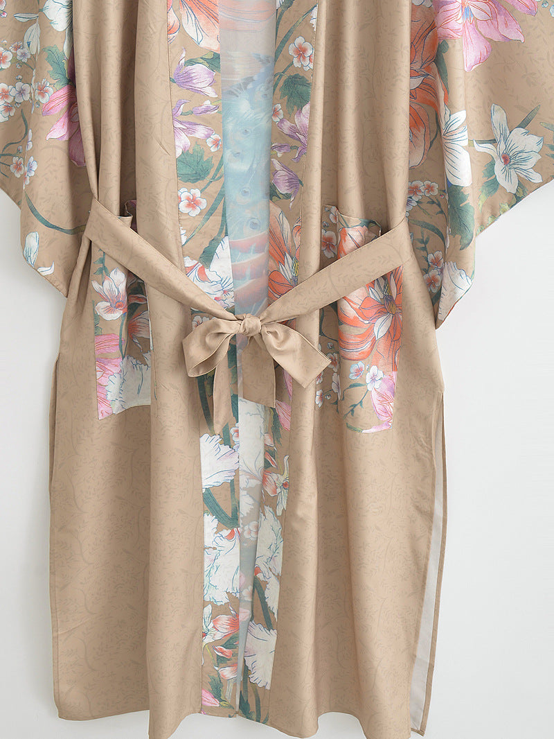 Peacock Floral Panel Belted Kimono - Khaki - 4