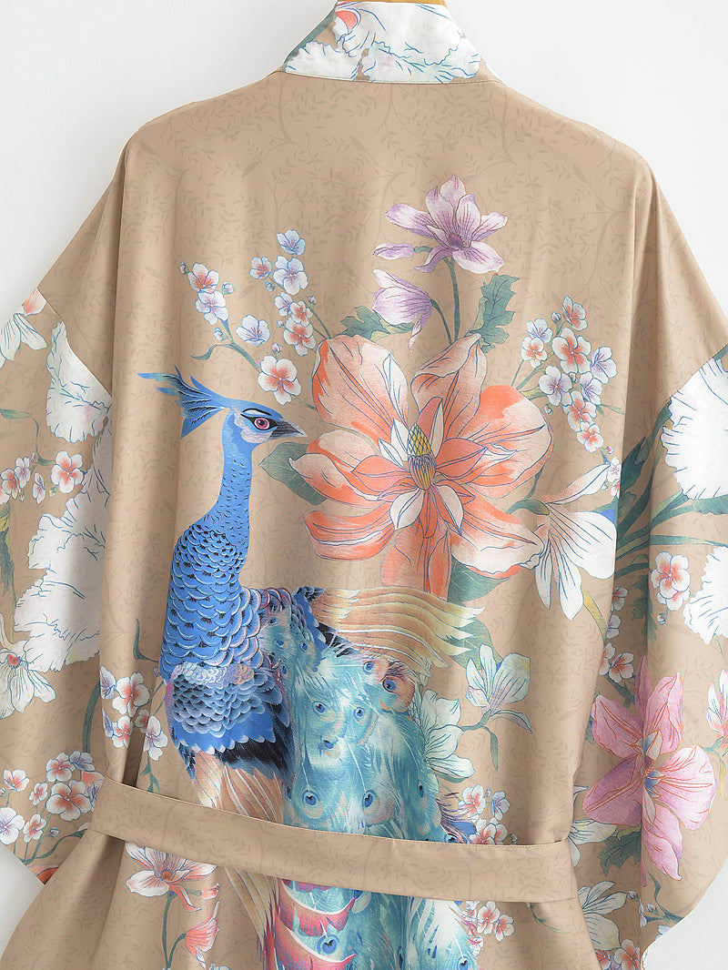 Peacock Floral Panel Belted Kimono - Khaki - 5