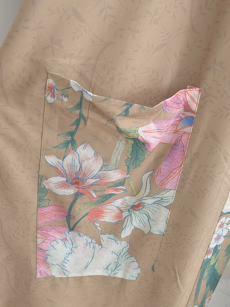 Peacock Floral Panel Belted Kimono - Khaki - 6