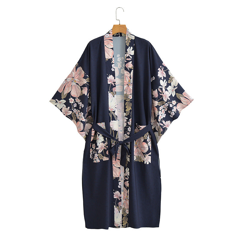 Peacock Floral Panel Belted Kimono - Navy