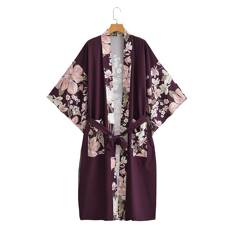 Peacock Floral Panel Belted Kimono - Purple