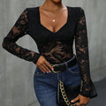 Wide V Neck Sheer Lace Bodysuit - Black