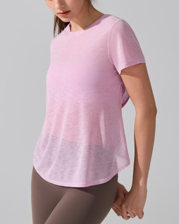 Cutout Back Short Sleeve Yoga Tee - Pink - 1