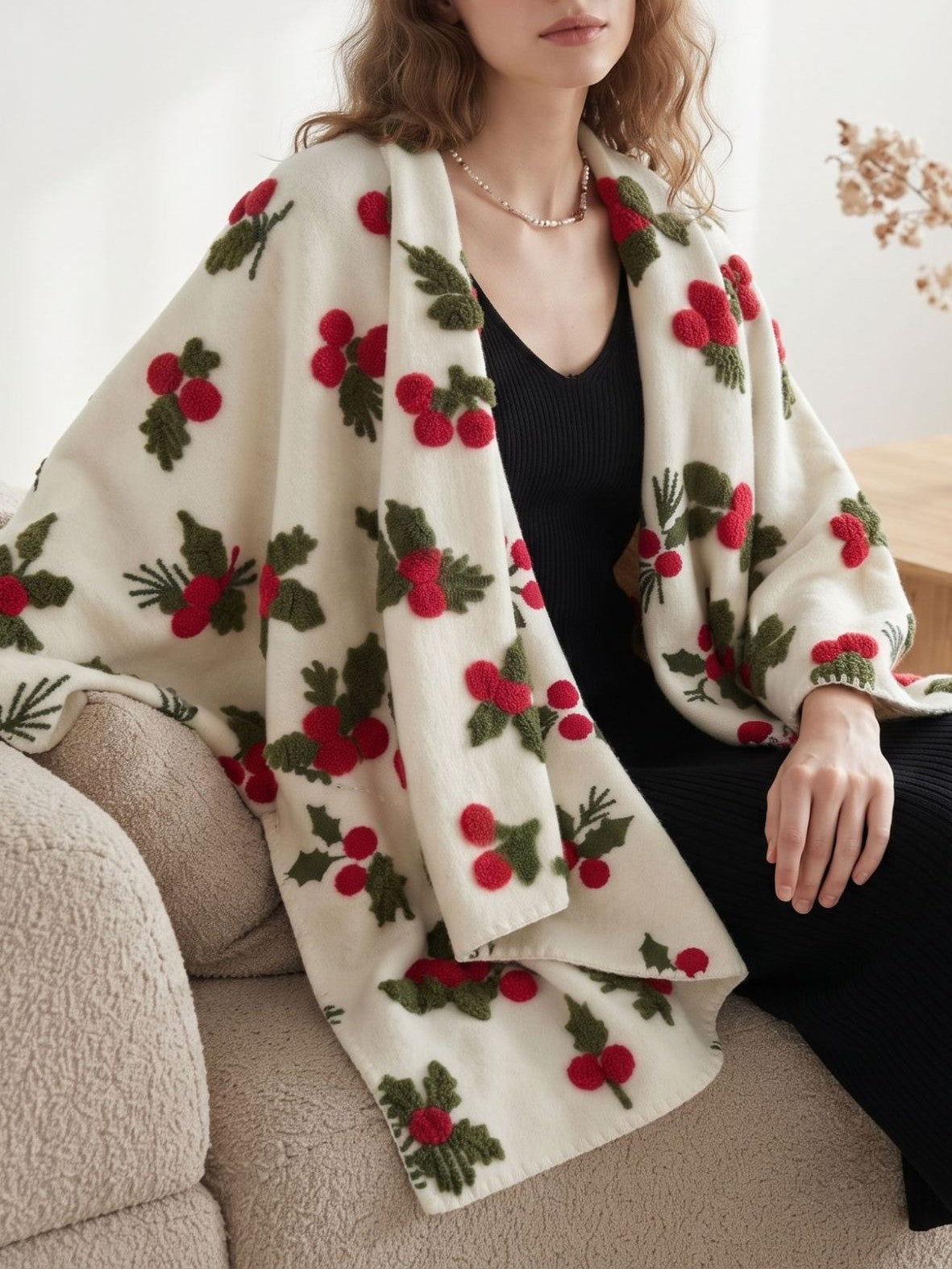 Knit Blanket Scarf Wrap With Botanical Print - Cherry - 2