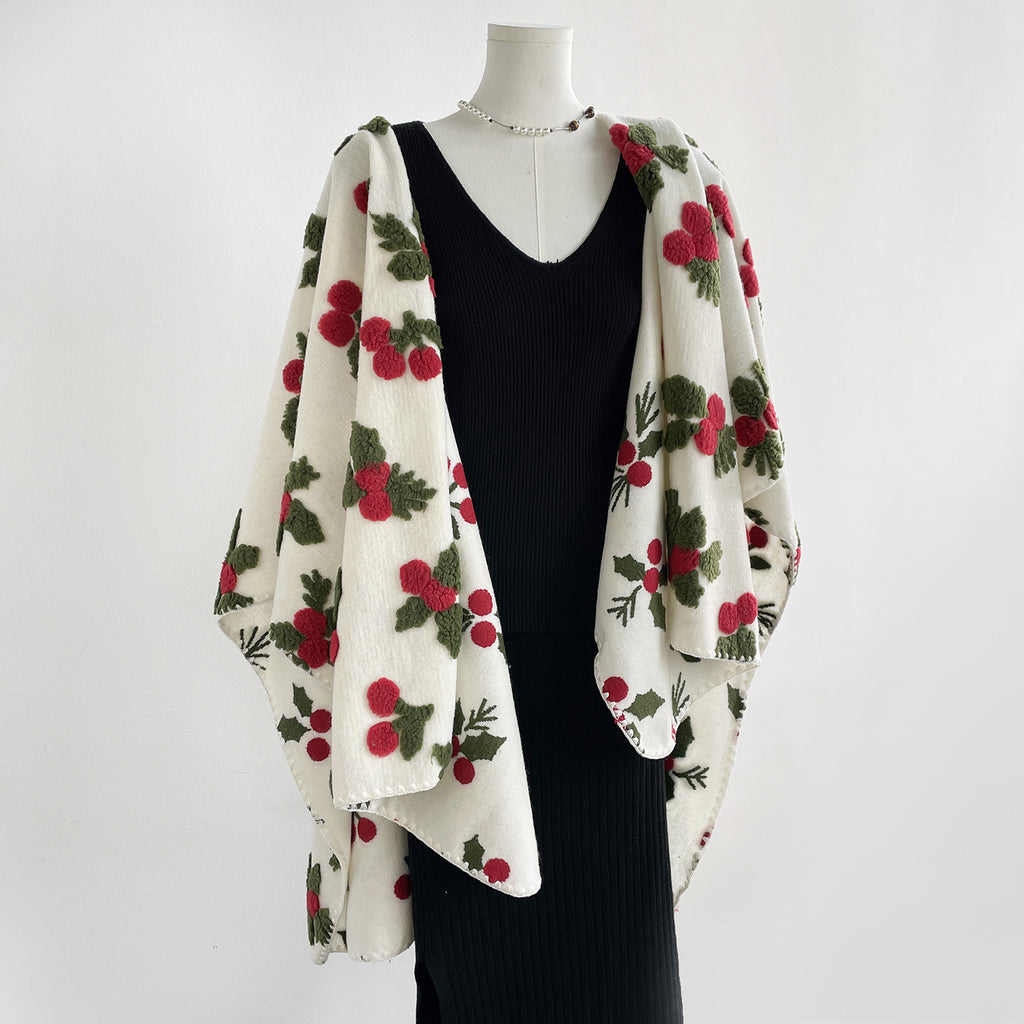 Knit Blanket Scarf Wrap With Botanical Print - Cherry - 4