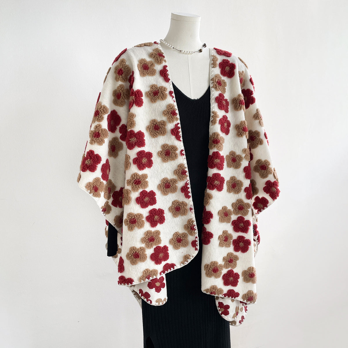 Knit Blanket Scarf Wrap With Botanical Print - Flower - 1