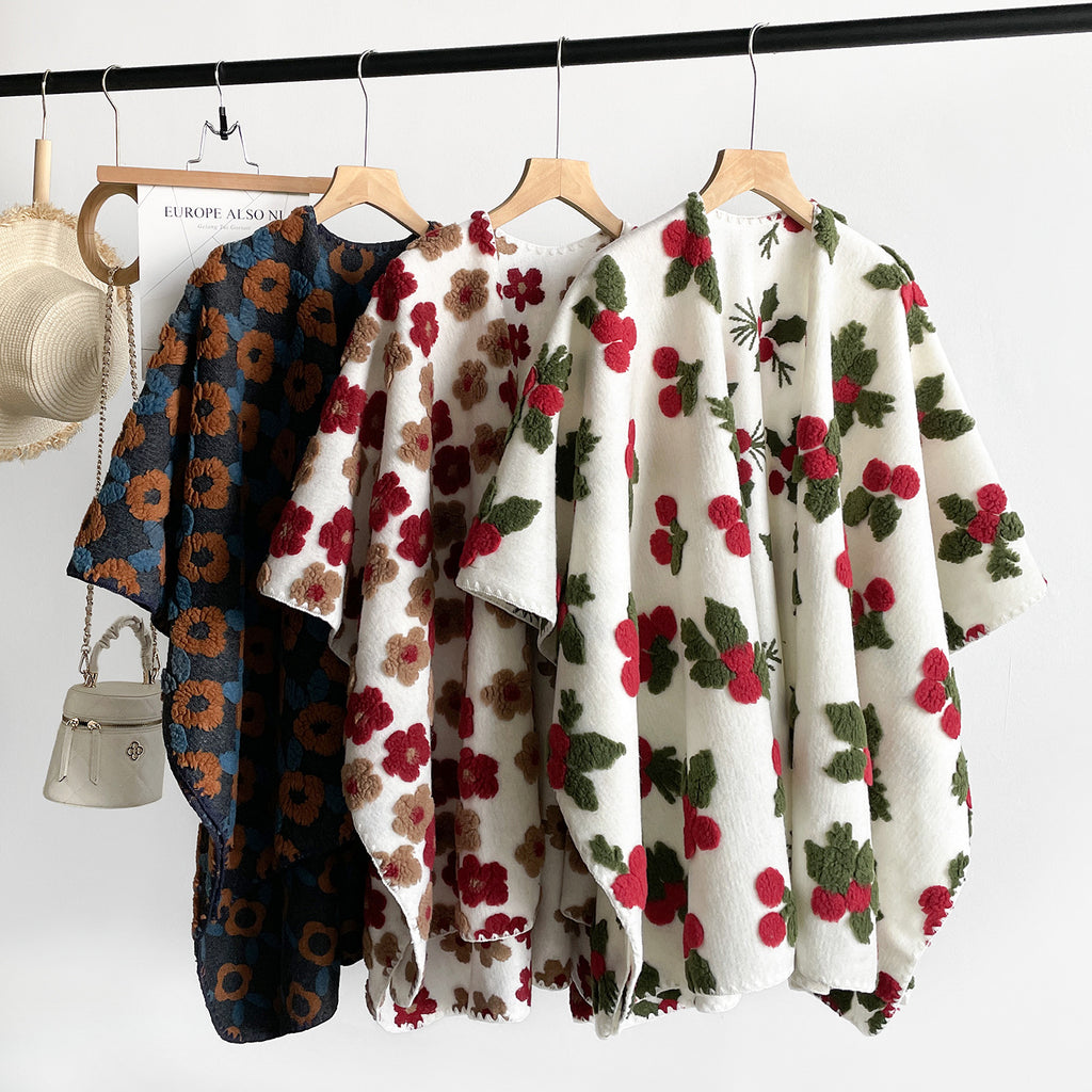 Knit Blanket Scarf Wrap With Botanical Print