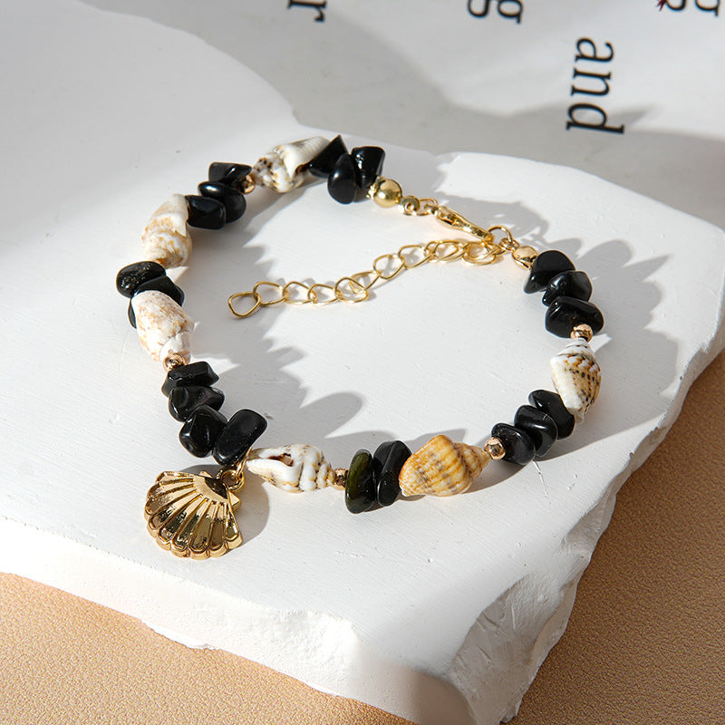 Shell and Gemstone Chip Charm Bracelet - Black