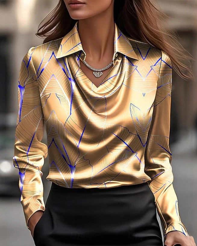 Printed Satin Collared Cowl Neck Shirt - Yellow