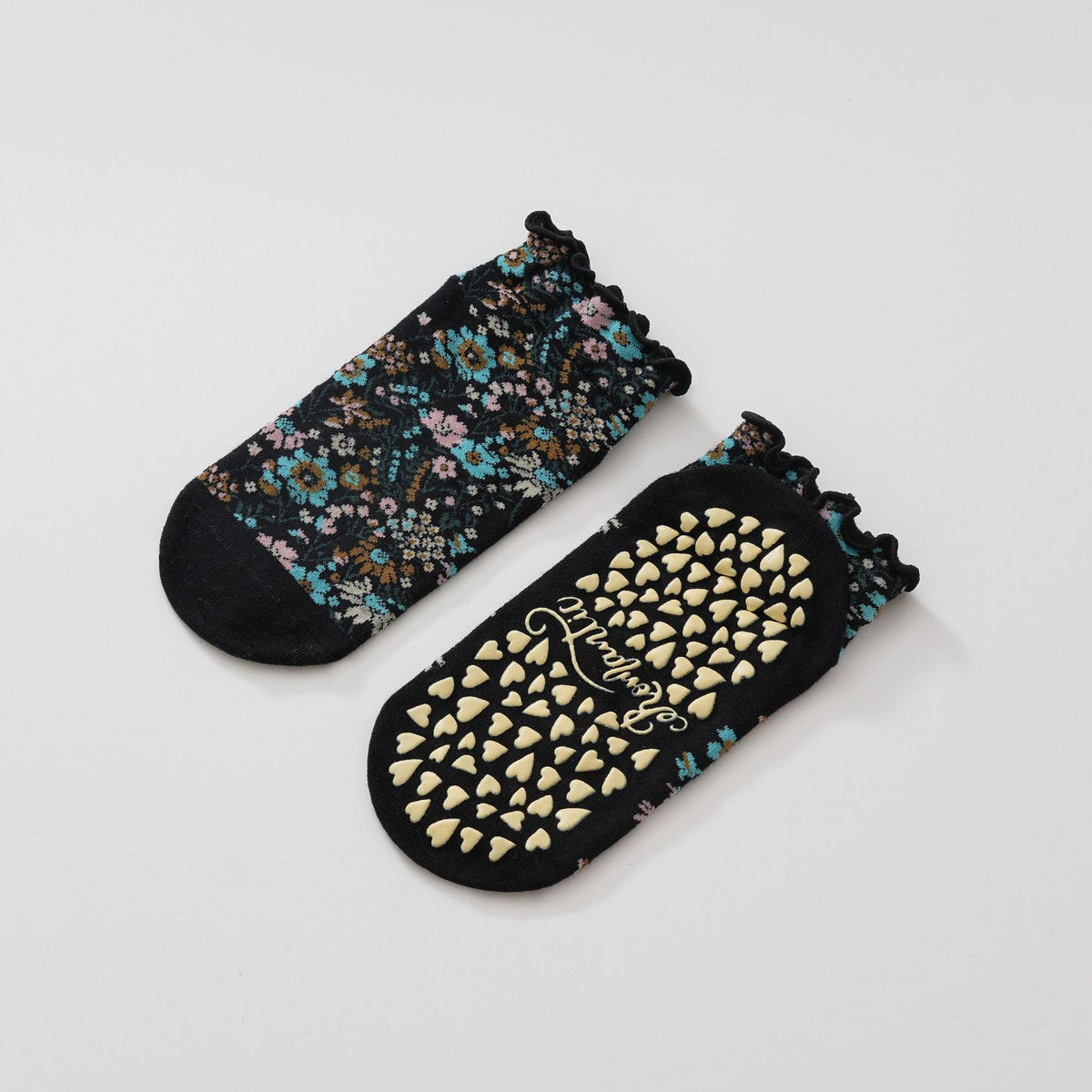 Ditsy Floral Grip Socks With Ruffle Cuff - Black