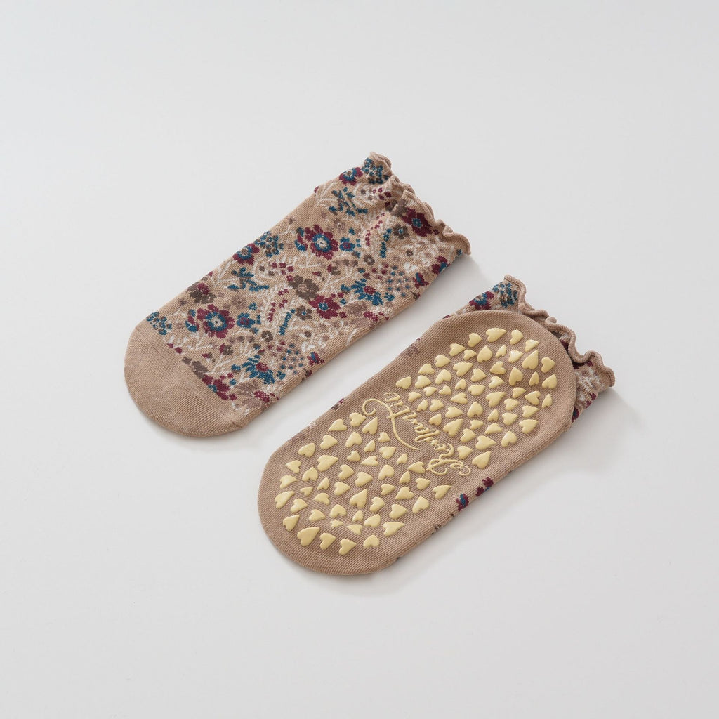 Ditsy Floral Grip Socks With Ruffle Cuff - Khaki