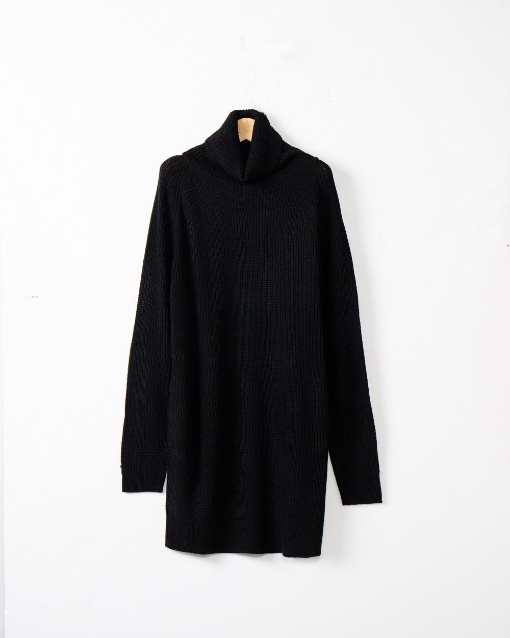 Cowl Turtleneck Slouchy Knit Sweater Dress - Black