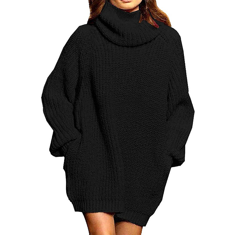 Cowl Turtleneck Slouchy Knit Sweater Dress - Black - 1