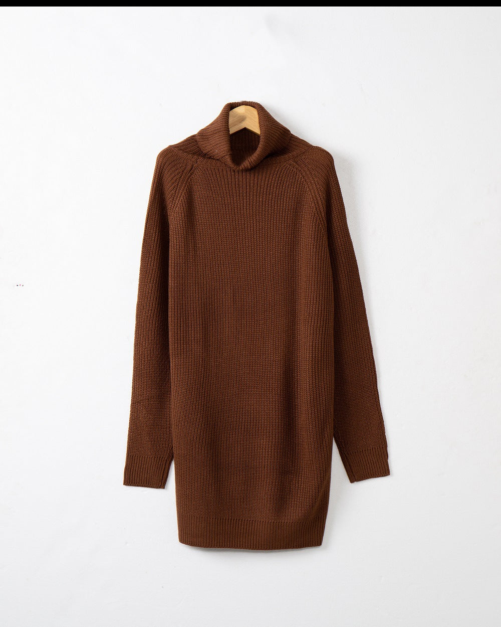 Cowl Turtleneck Slouchy Knit Sweater Dress - Brown