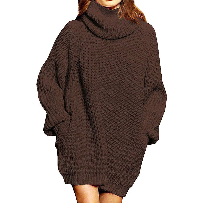 Cowl Turtleneck Slouchy Knit Sweater Dress - Brown - 1