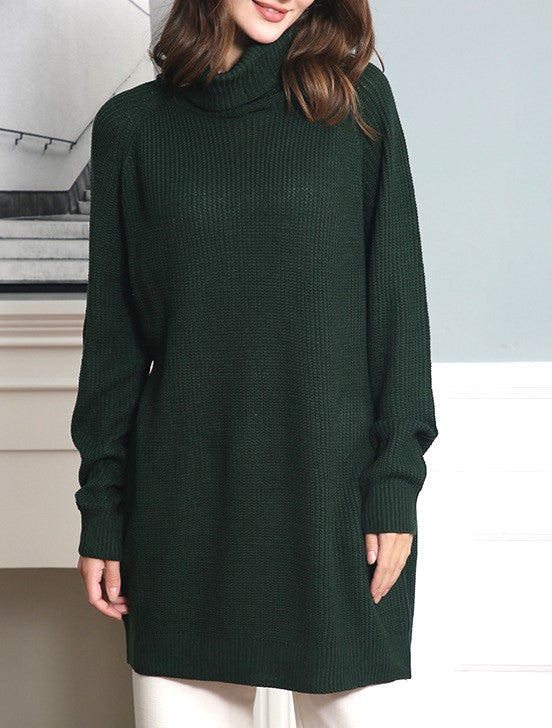 Cowl Turtleneck Slouchy Knit Sweater Dress - Green