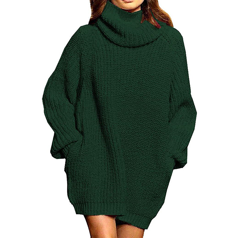 Cowl Turtleneck Slouchy Knit Sweater Dress - Green - 1