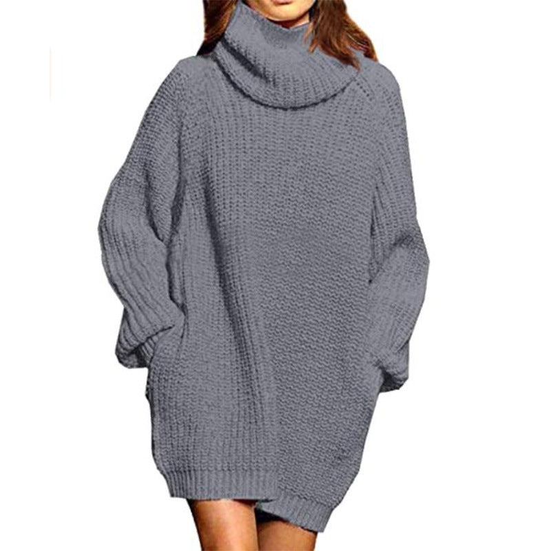 Cowl Turtleneck Slouchy Knit Sweater Dress - Grey - 1