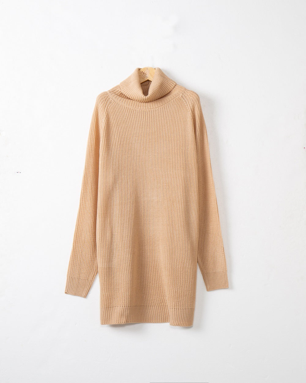 Cowl Turtleneck Slouchy Knit Sweater Dress - Khaki