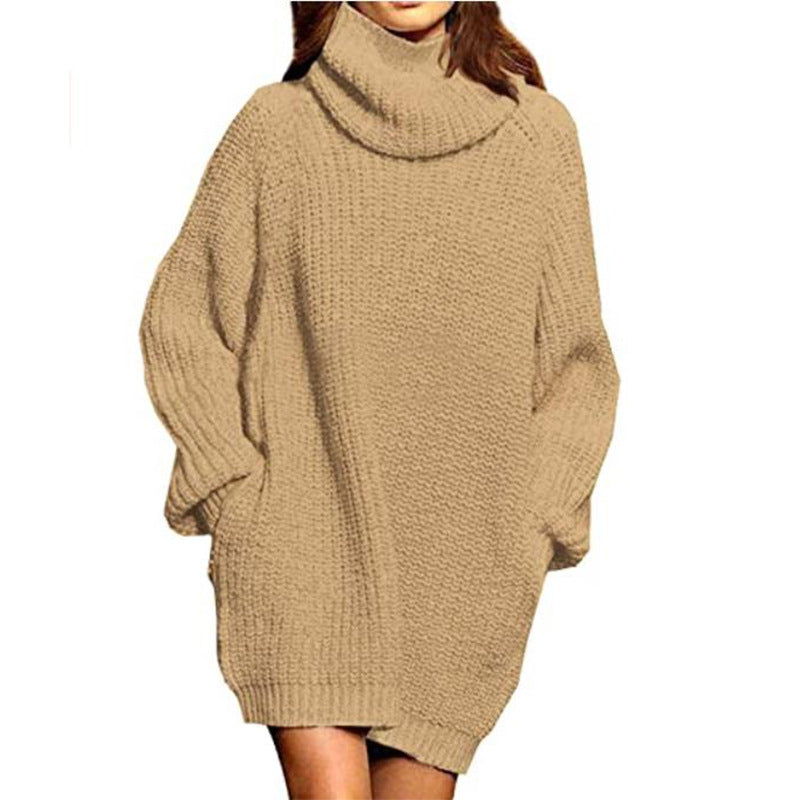 Cowl Turtleneck Slouchy Knit Sweater Dress - Khaki - 1
