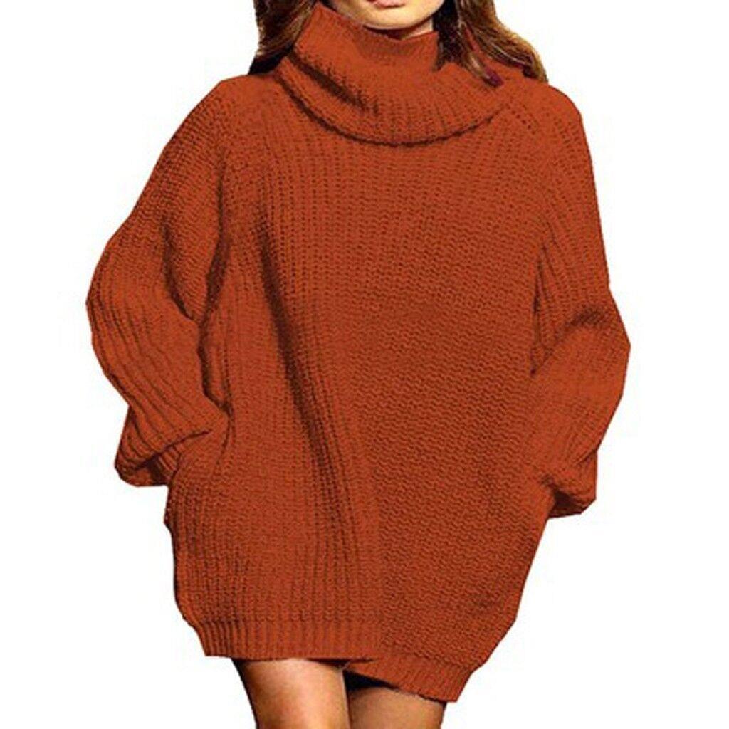 Cowl Turtleneck Slouchy Knit Sweater Dress - Red