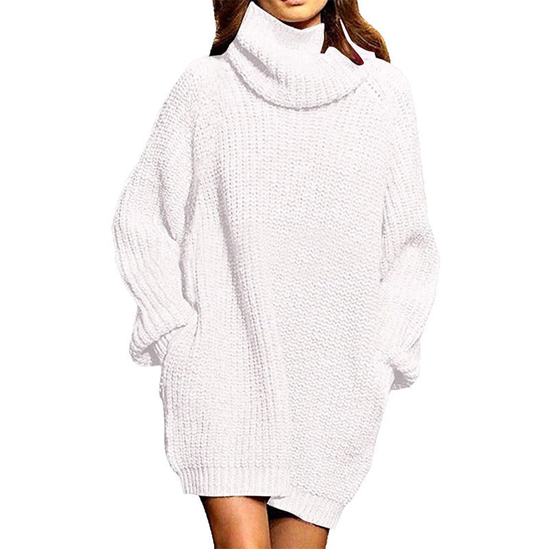 Cowl Turtleneck Slouchy Knit Sweater Dress - White