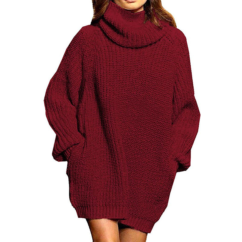 Cowl Turtleneck Slouchy Knit Sweater Dress - WineRed - 1