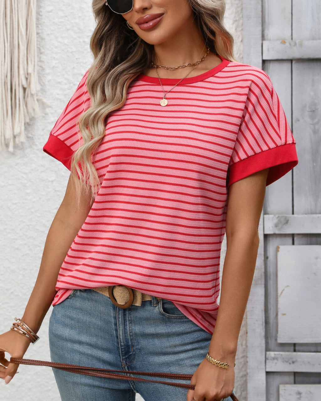 Striped Ringer Tee With Contrast Trim - Dark-Pink
