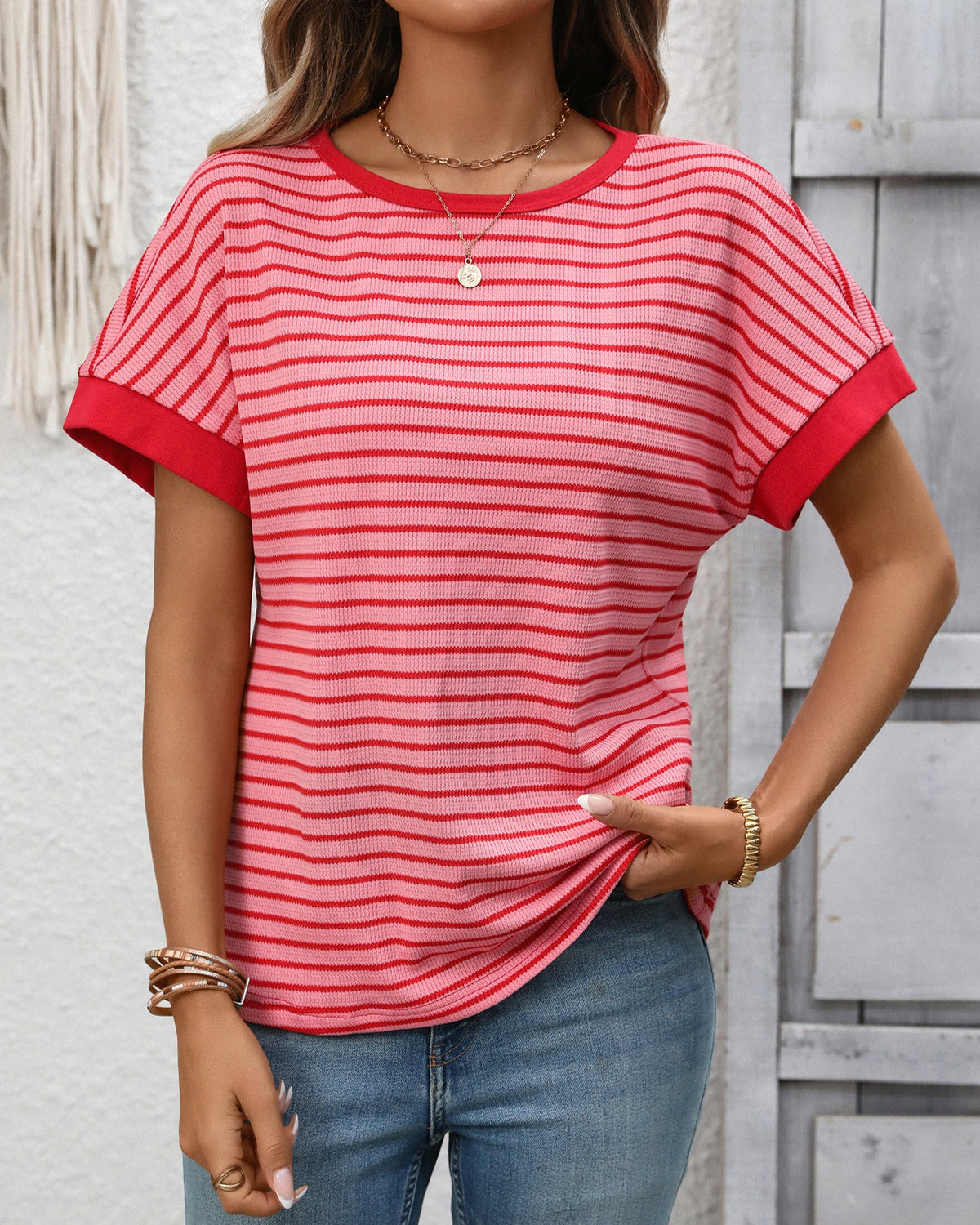 Striped Ringer Tee With Contrast Trim - Dark-Pink - 1