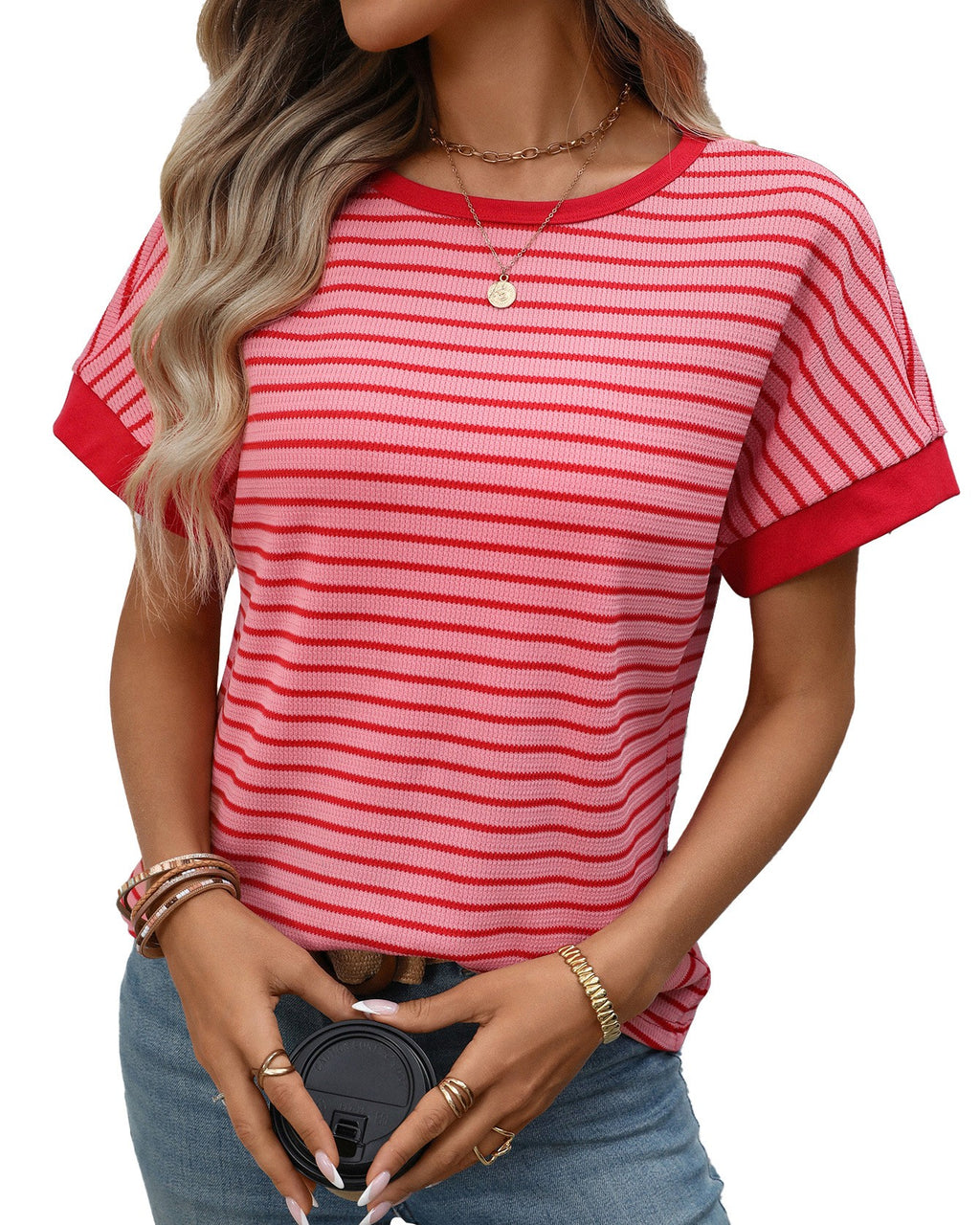 Striped Ringer Tee With Contrast Trim - Dark-Pink - 2