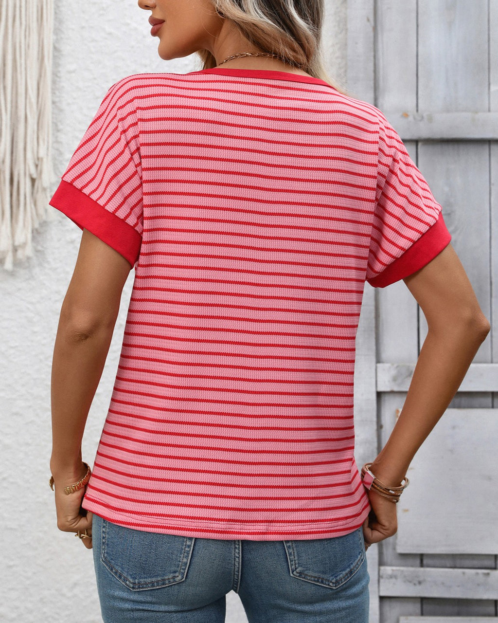 Striped Ringer Tee With Contrast Trim - Dark-Pink - 3