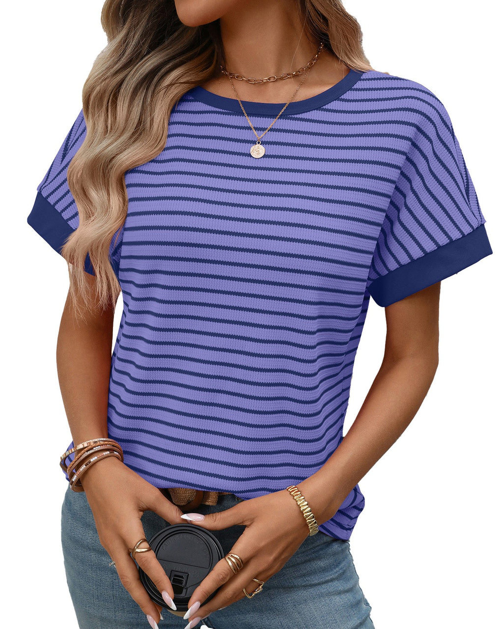 Striped Ringer Tee With Contrast Trim - Purple