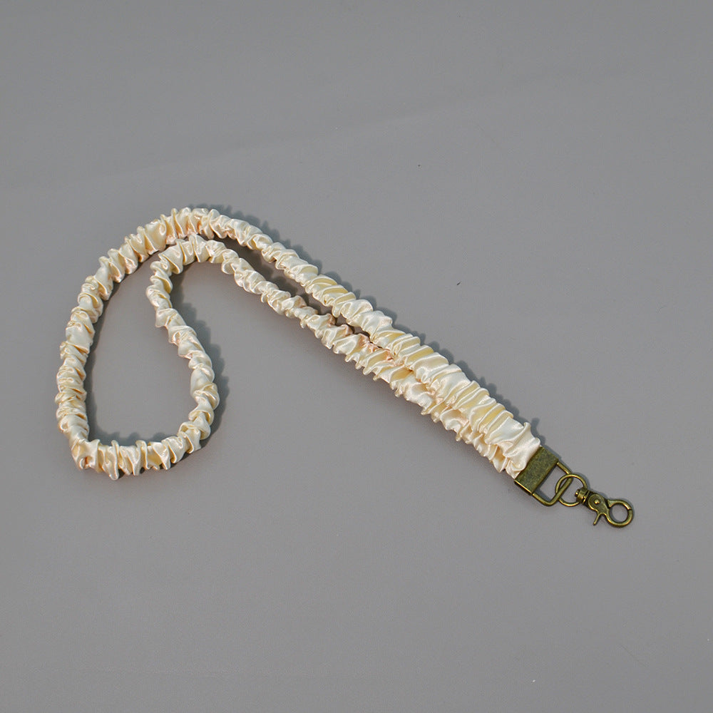 Ruched Scrunchie Lanyard with Clip and Key Ring - Beige