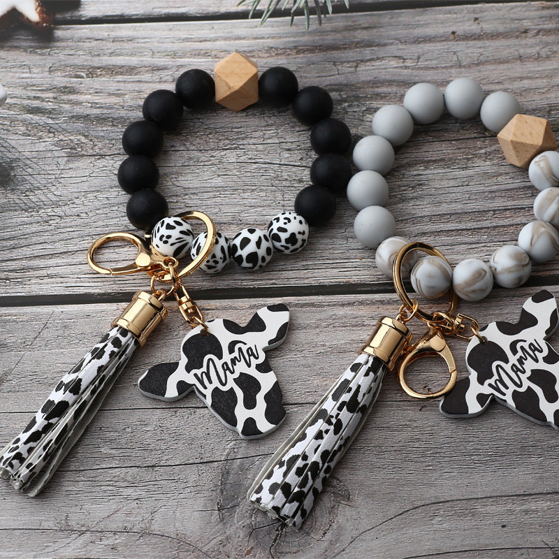 Cow Print Charm Silicone Bead Keychain - Black