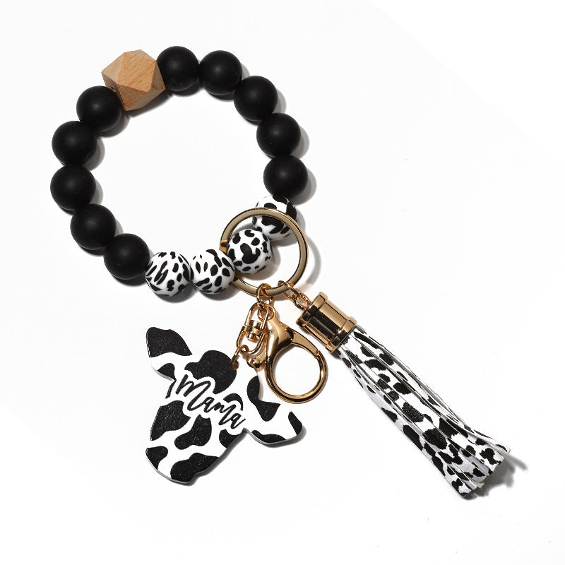 Cow Print Charm Silicone Bead Keychain - Black - 1