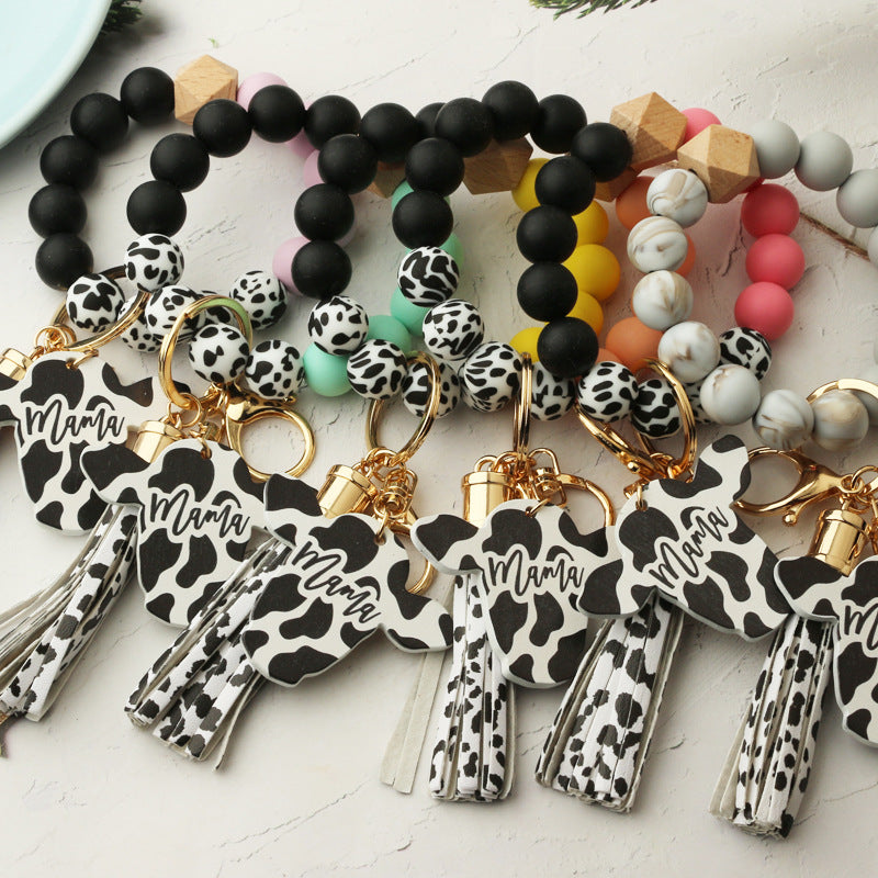 Cow Print Charm Silicone Bead Keychain - Black - 2