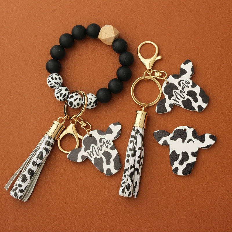 Cow Print Charm Silicone Bead Keychain - Black - 3