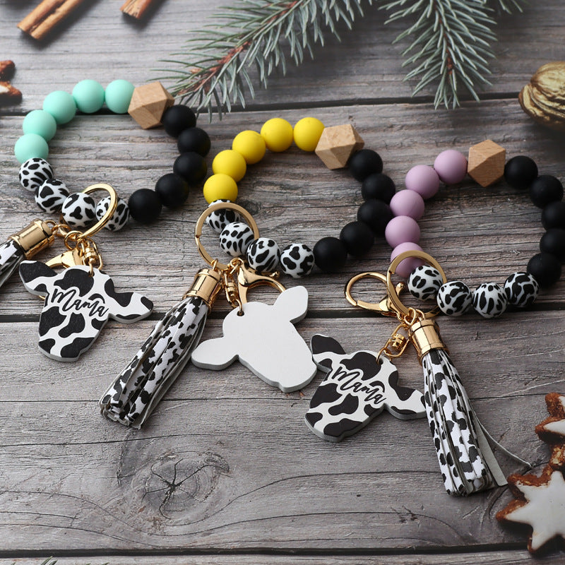 Cow Print Charm Silicone Bead Keychain - Black - 4