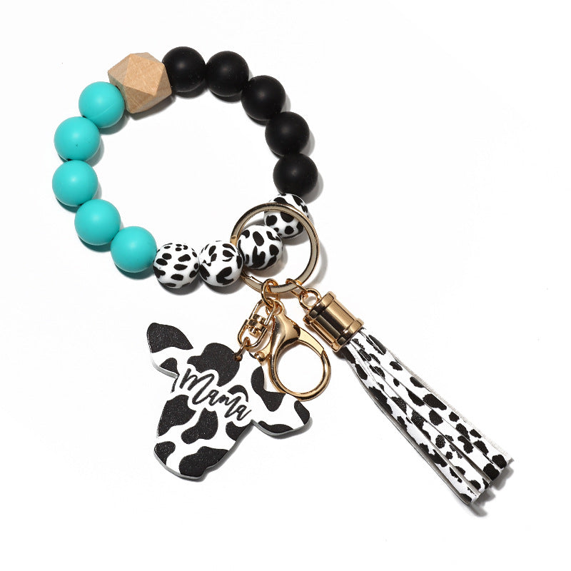Cow Print Charm Silicone Bead Keychain - Green